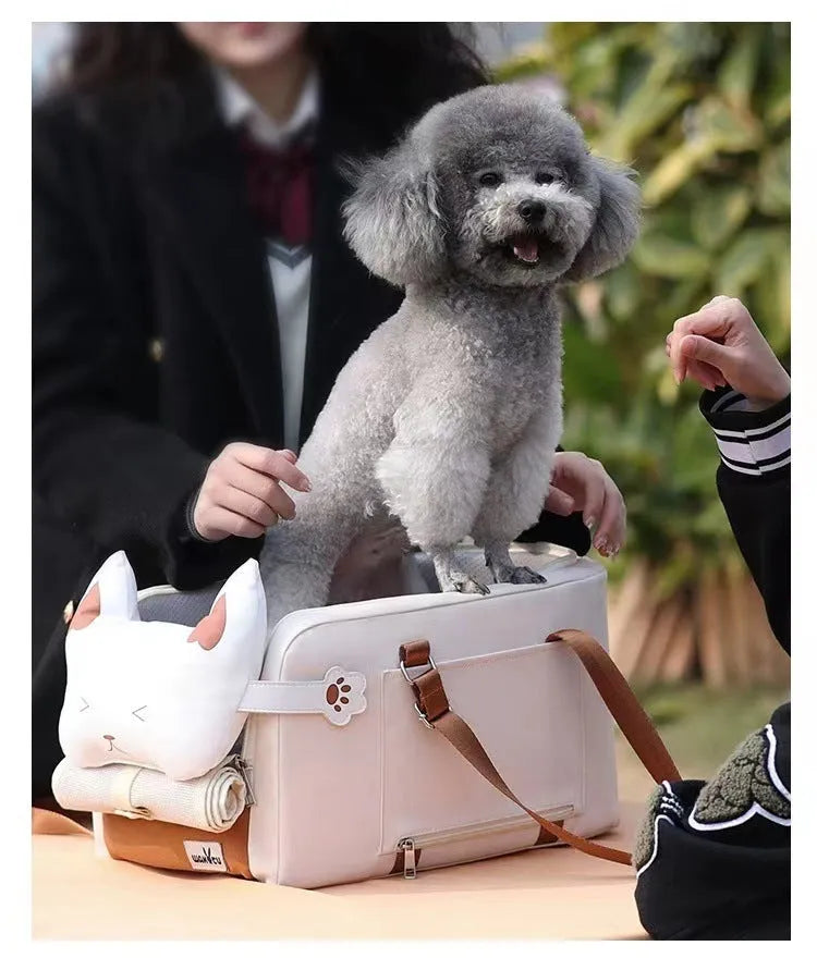 Beige hard-sided pet carrier with one-shoulder strap measuring 43x25x22.5cm for pets under 15kg
