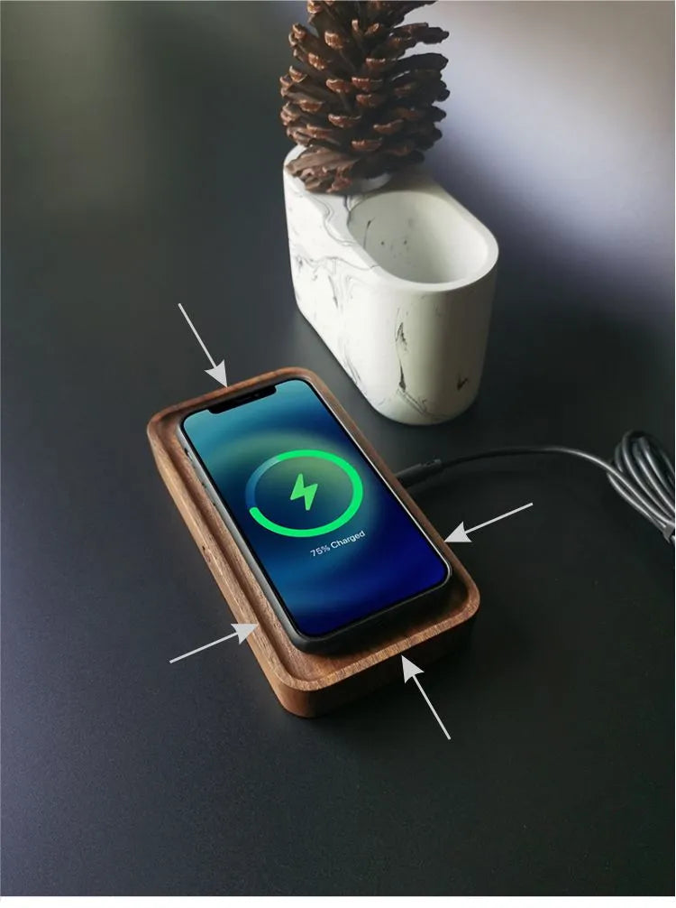 Natural black walnut wood tray 15W wireless fast charger with end outlet cable