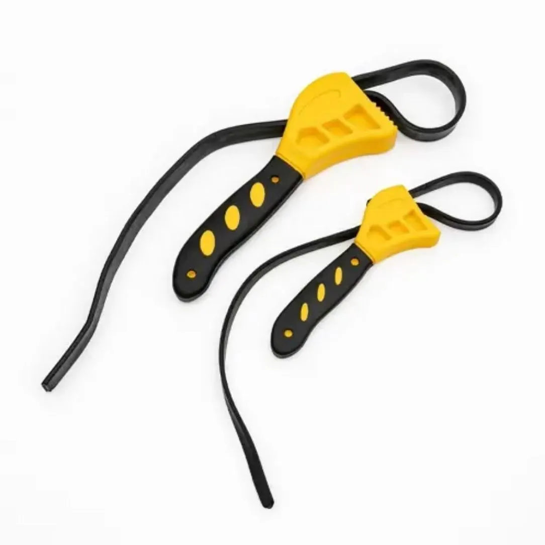 Adjustable rubber strap wrench set with 6-inch and 8-inch sizes on a workbench