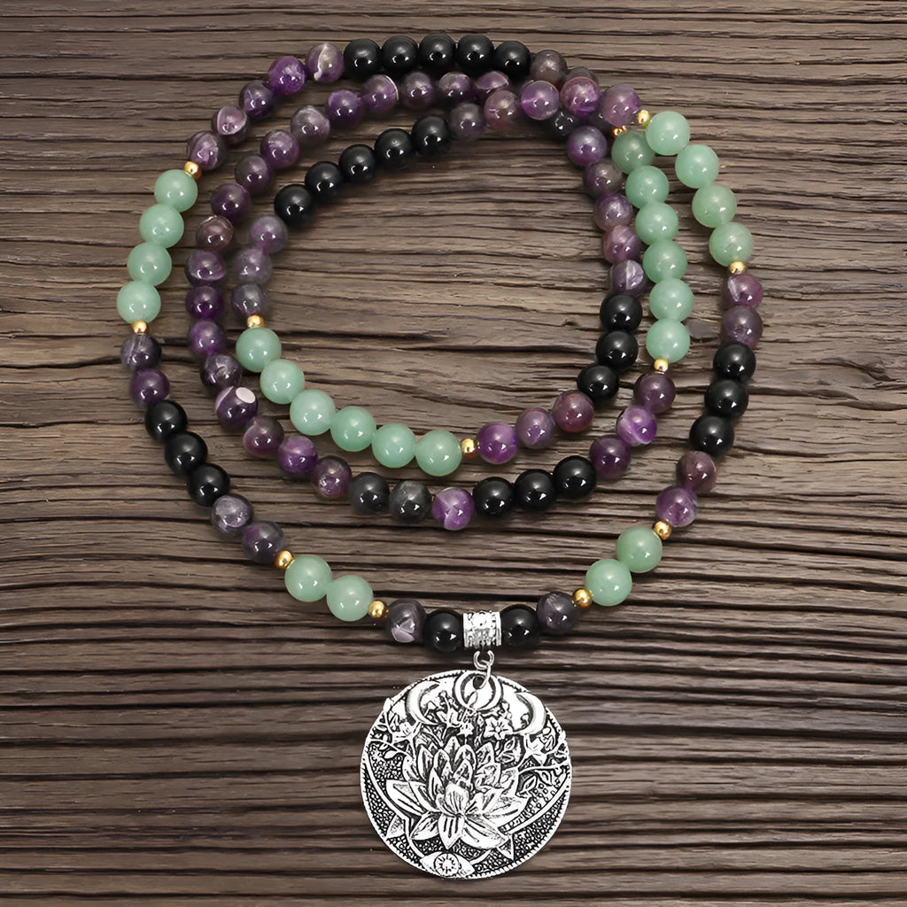 Dongling Long yoga necklace and bracelet set with stone beads and lotus pendant