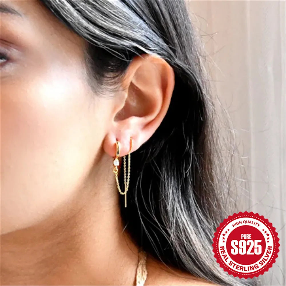 S925 sterling silver geometric ear studs with flower and tassel chain design in gold electroplated finish
