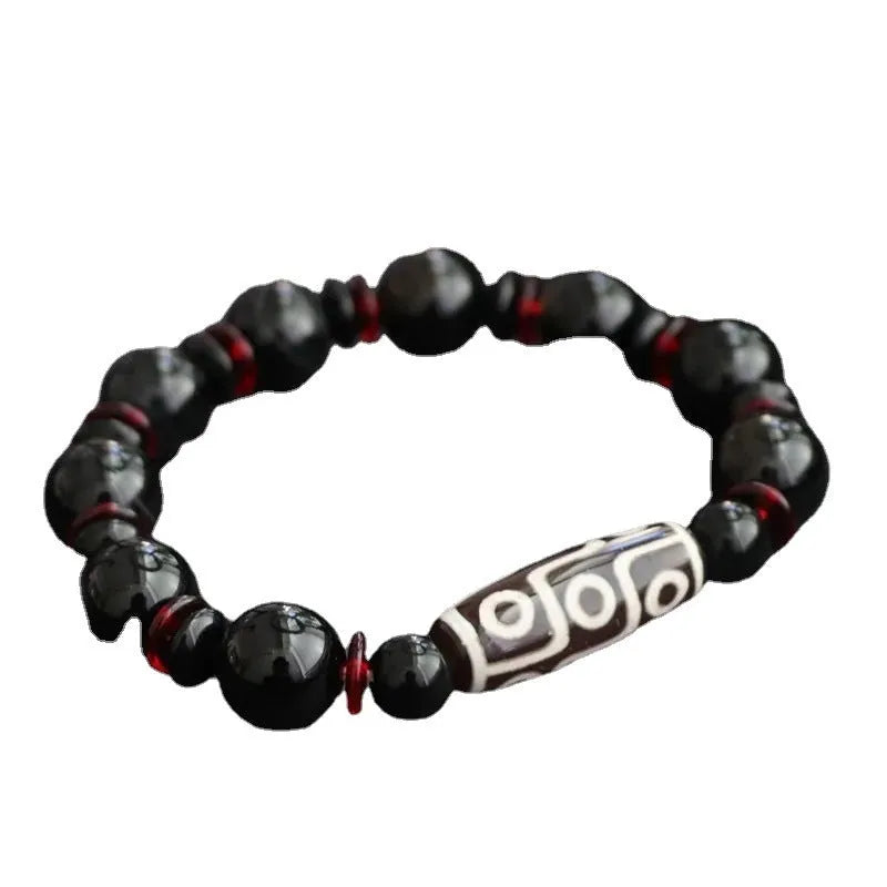 Hand-woven black agate dzi bead bracelet with 11mm geometry beads