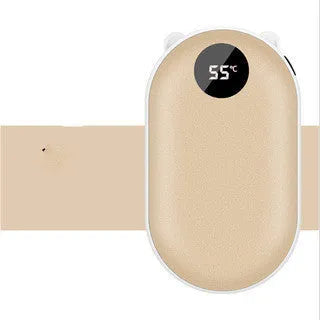 Compact rose gold rechargeable hand warmer and USB power bank with digital display.