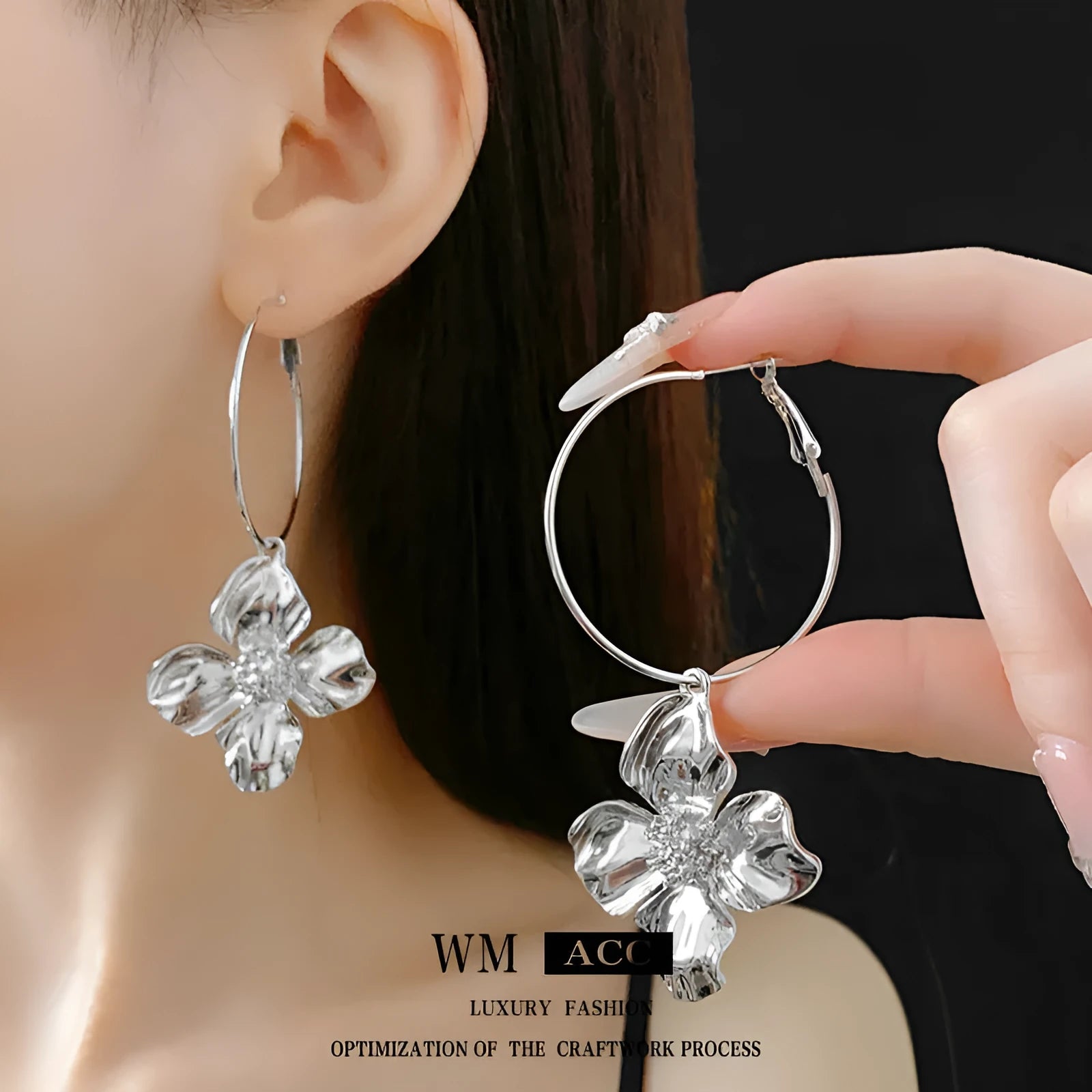 Silver Needle geometric flower design drop earrings in gold or silver electroplated metal alloy