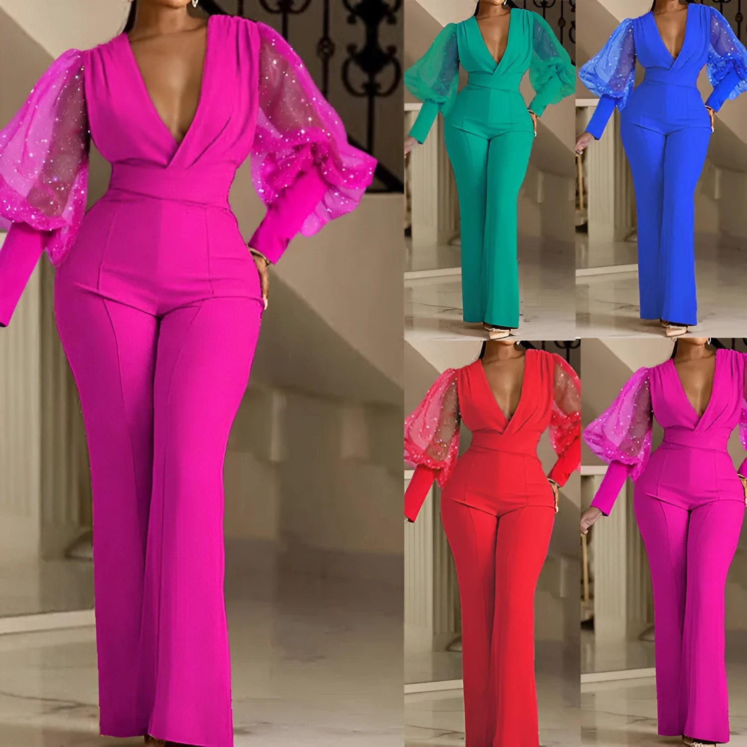Mesh stitching long sleeve jumpsuit with elastic waist and wide legs in polyester fabric