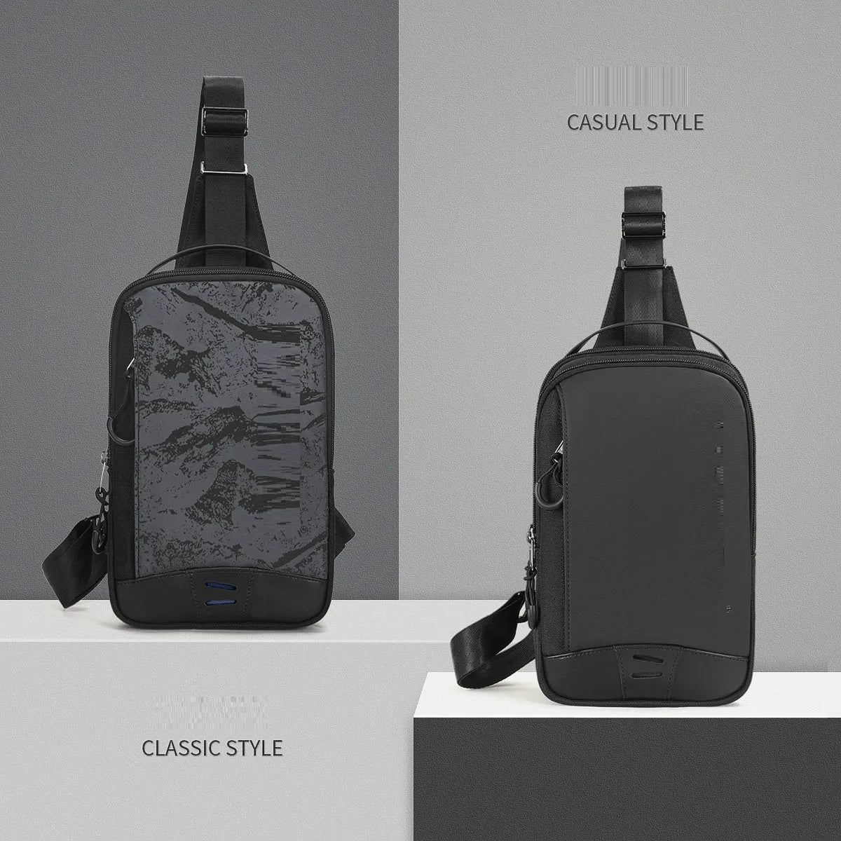 Casual black TPU camouflage chest bag with single shoulder strap and external pockets