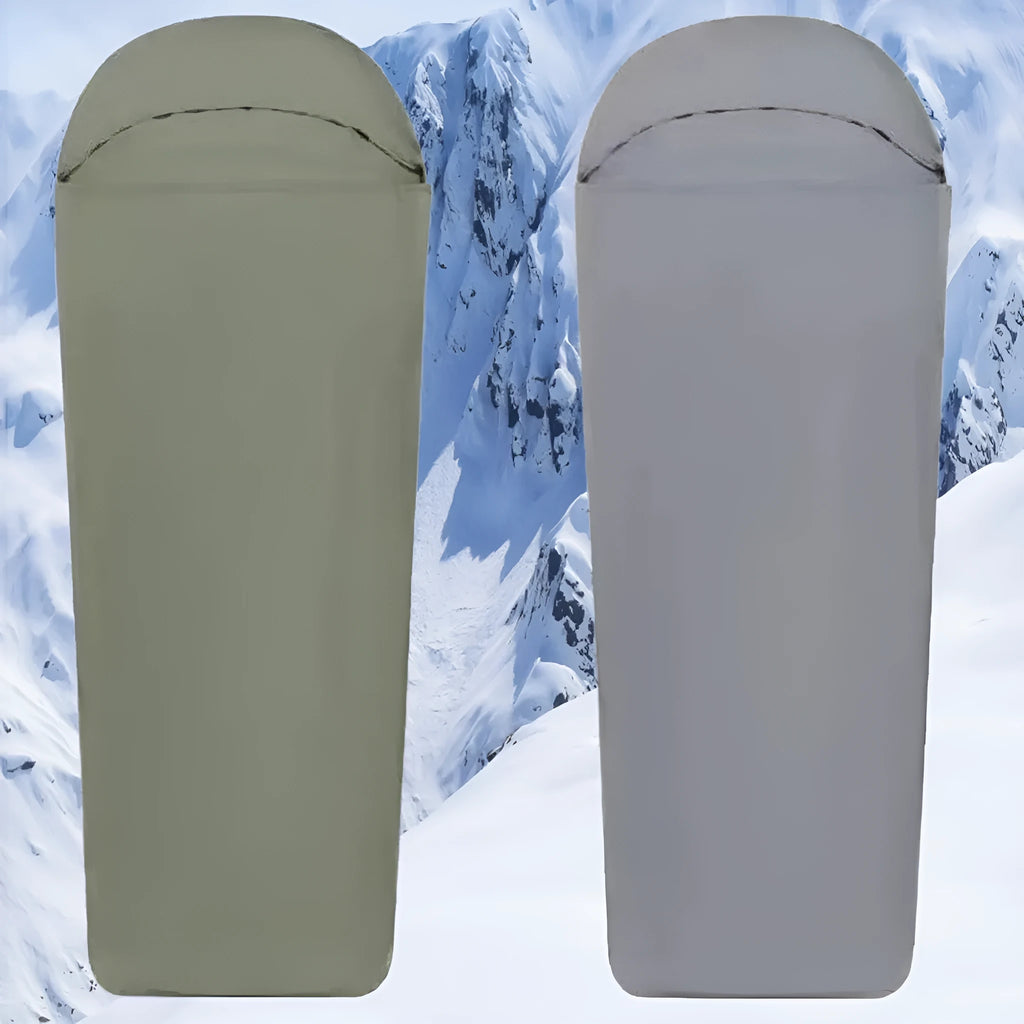 Blue and green nylon mummy camping sleeping bag with plaid lining and compact folded dimensions