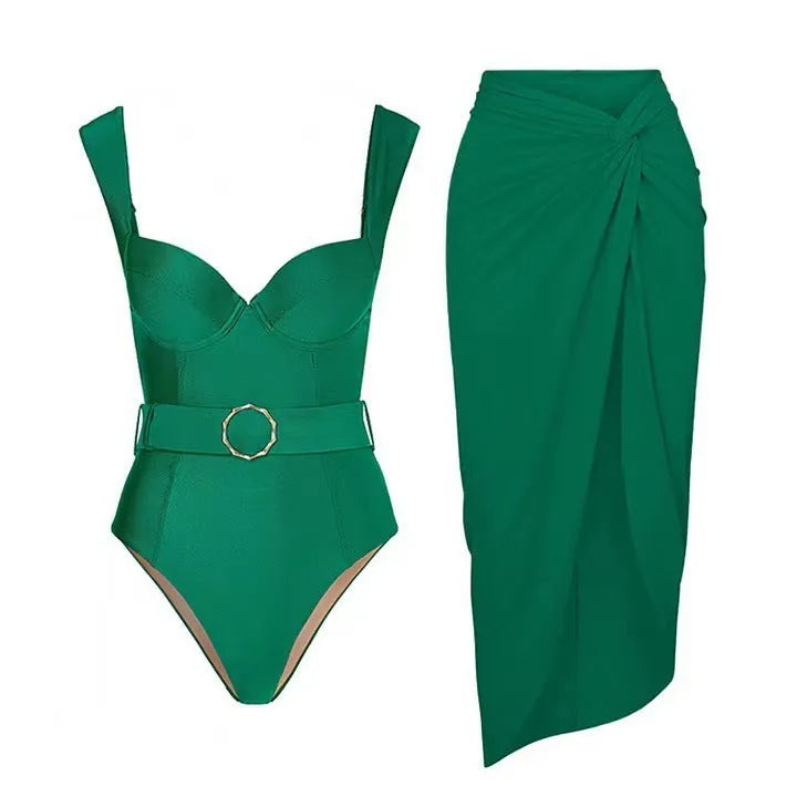 Women's one-piece swimsuit with a gauze skirt in either double shoulder or oblique shoulder style.