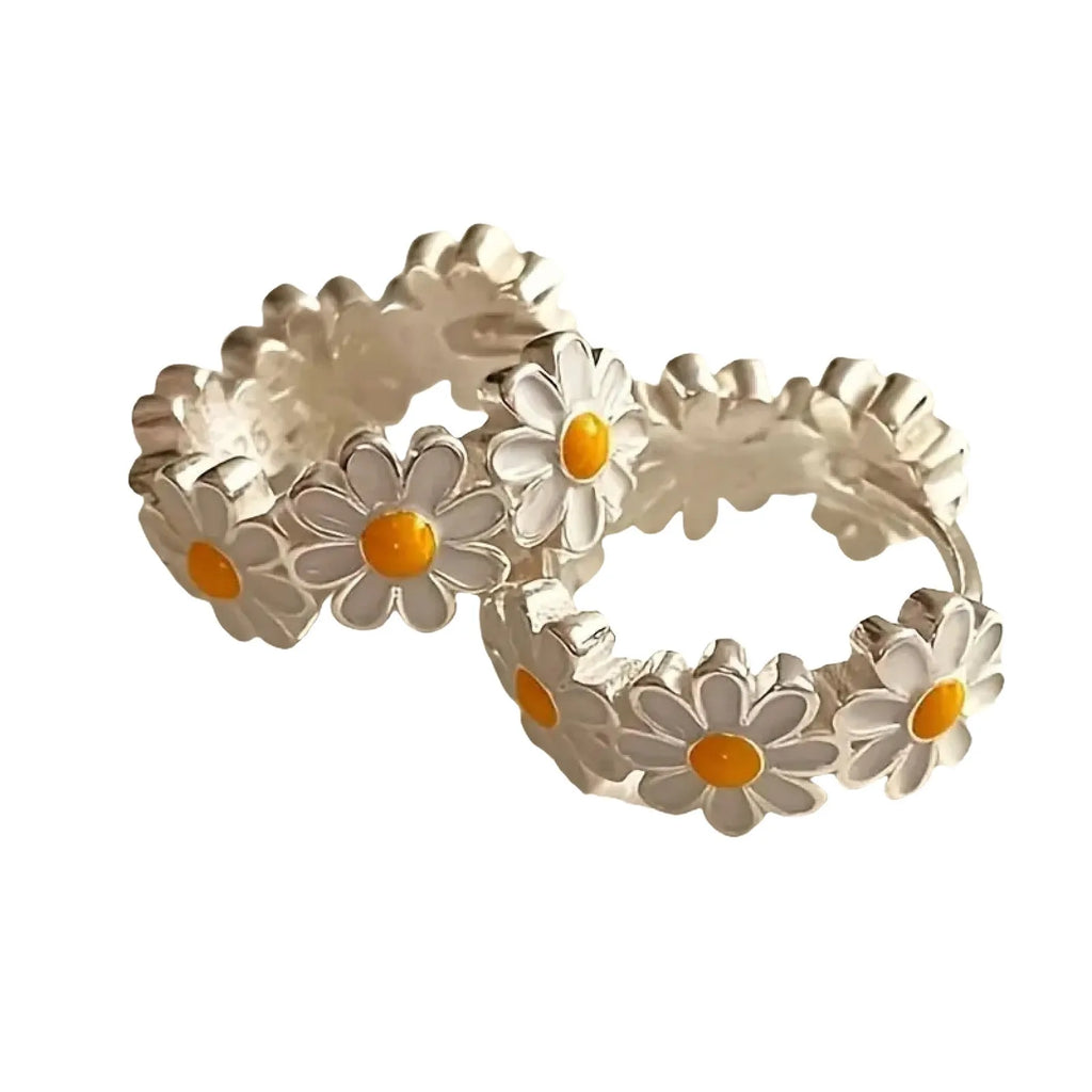 White daisy flower ring earrings with platinum inlaid gemstone on copper base