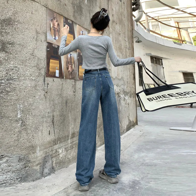 Women's retro blue high waist straight leg jeans in cotton denim showing three length variations