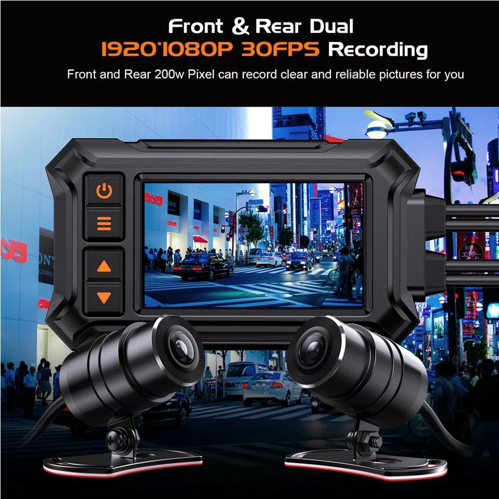 Motorcycle dash cam with dual lenses showing front and rear recording capability with GPS module