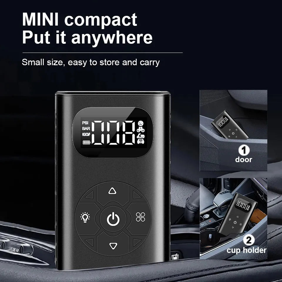 Black portable digital tyre inflator with power bank, USB cable, and 16cm tube on a grey background.
