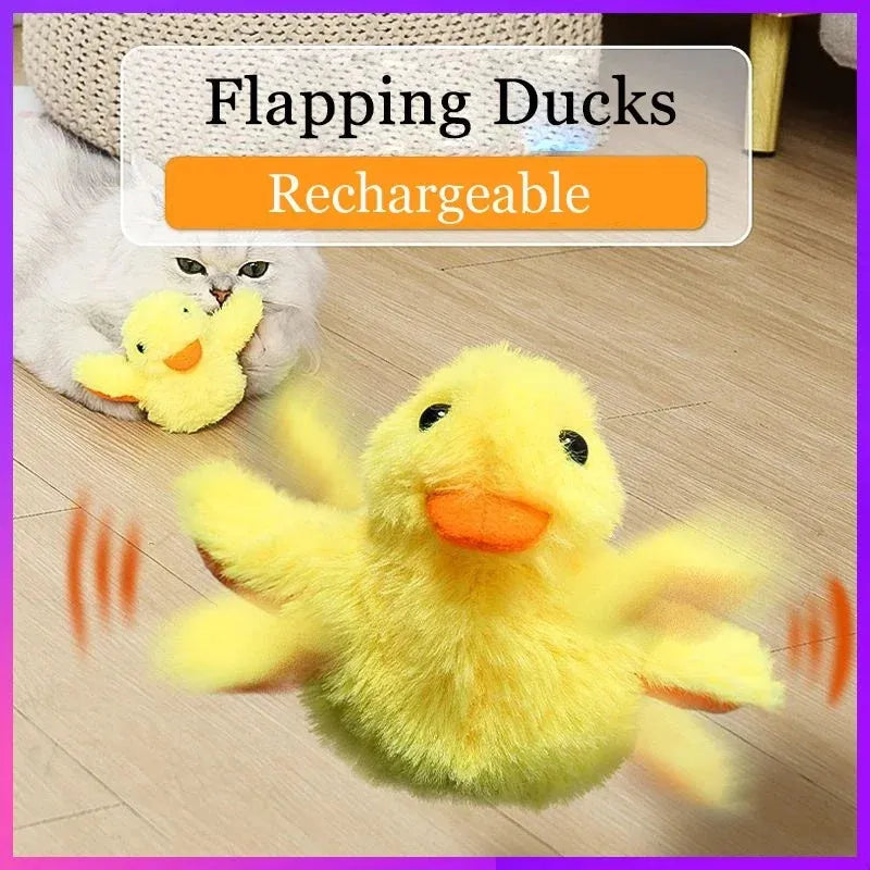 Yellow flapping duck cat plush toy with rechargeable battery and removable washable cover