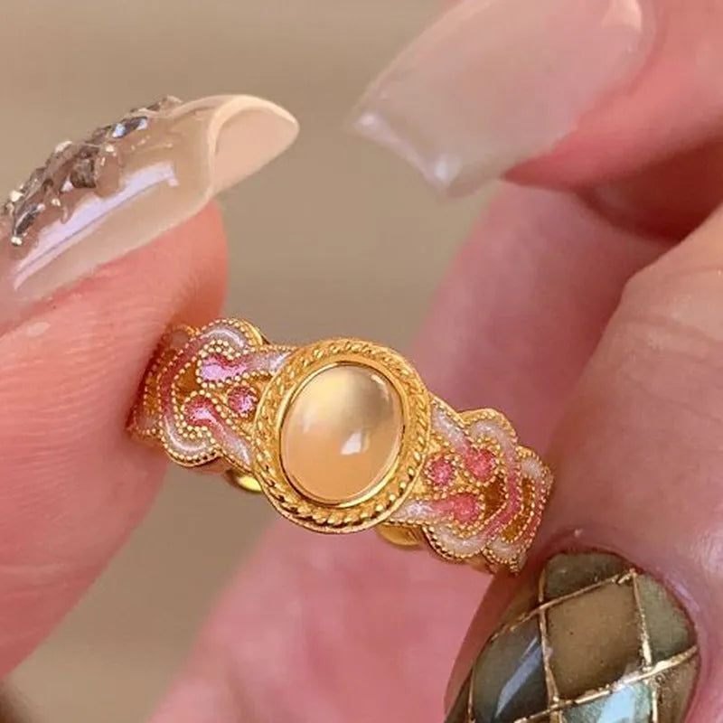 Pink crystal enamel geometric open band ring with K227 finish for women