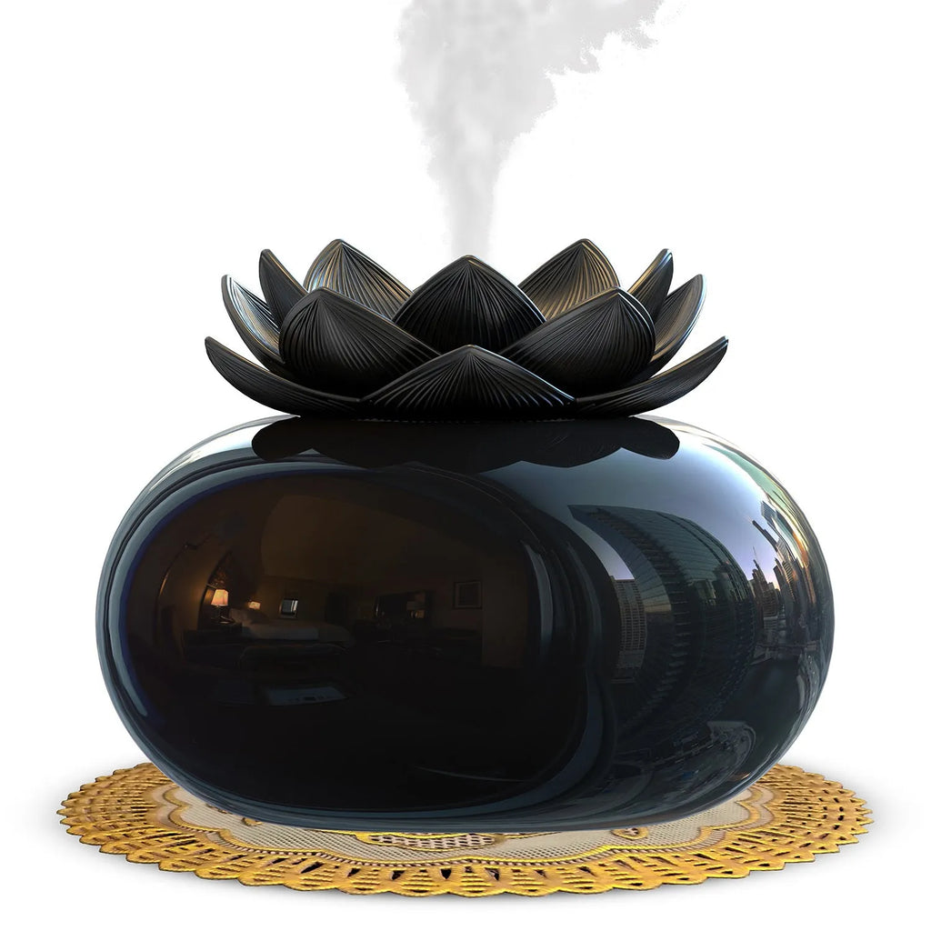 Pure black round lotus aromatherapy humidifier with USB cable and ceramic accents