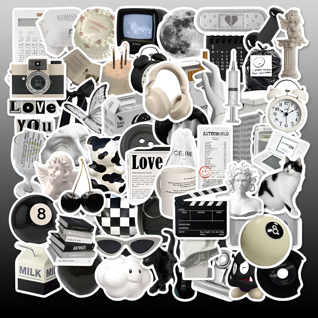 61 black and white PVC waterproof stickers for laptops, phones, and luggage customisation