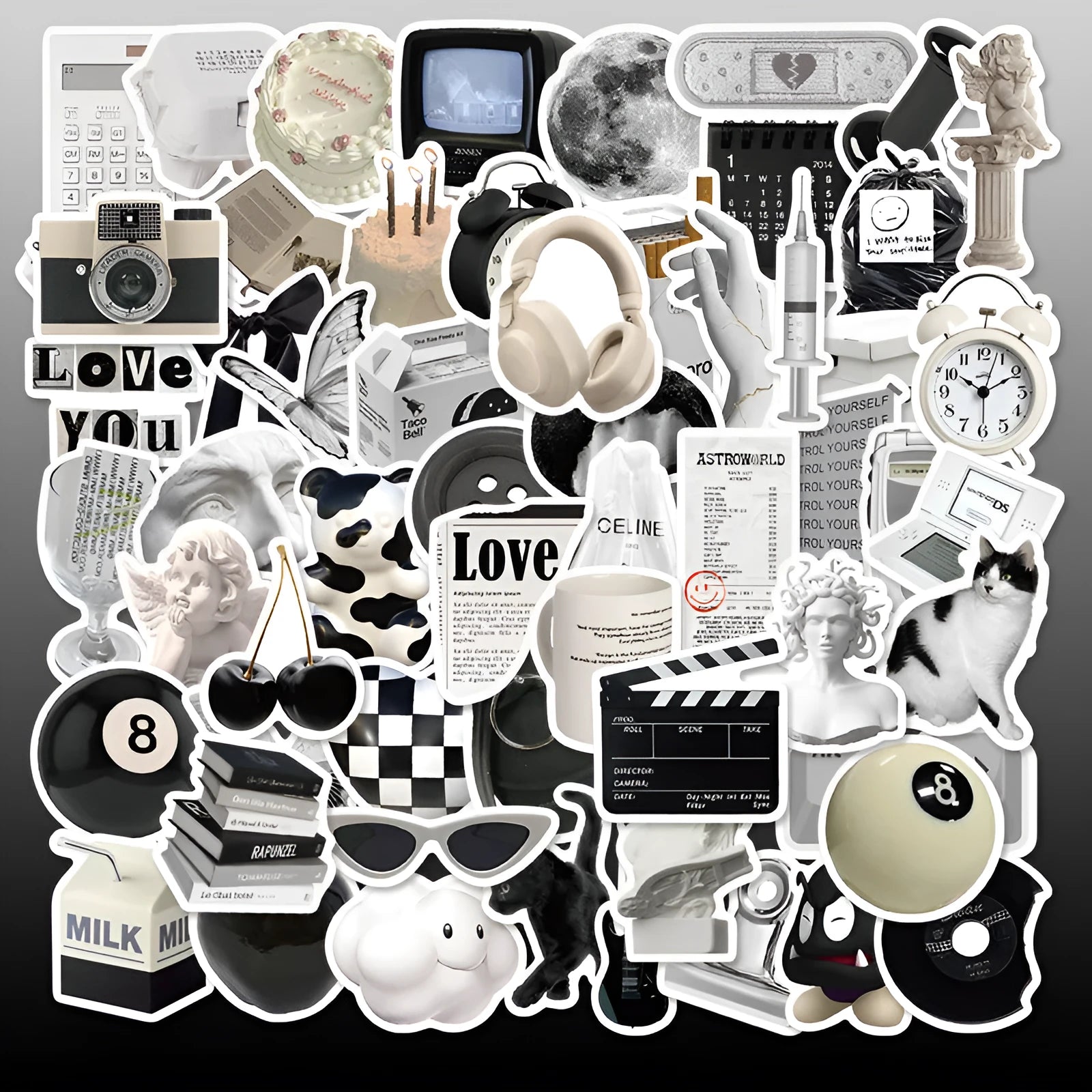 61 black and white PVC waterproof stickers for laptops, phones, and luggage customisation