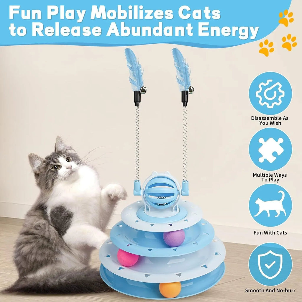 Blue 4-tier interactive cat puzzle toy carousel with six coloured balls and two teasing rods.