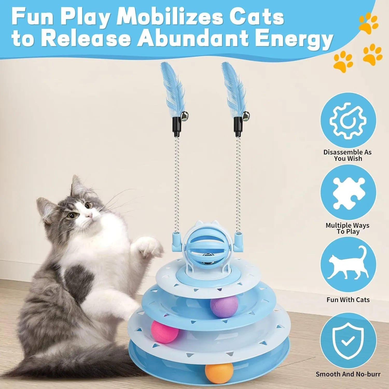 Blue 4-tier interactive cat puzzle toy carousel with six coloured balls and two teasing rods.