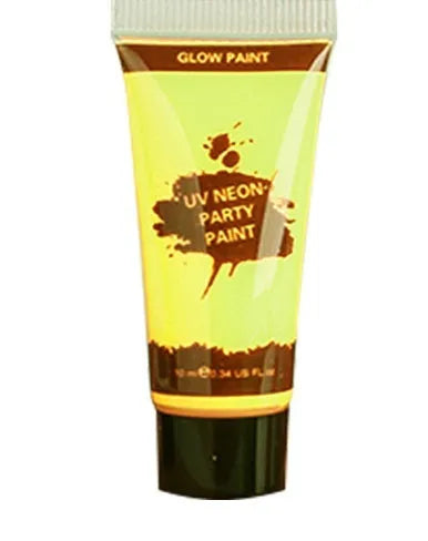 25ml squeeze tube of neon face paint in red, yellow, green, purple, orange, or pink for body art.