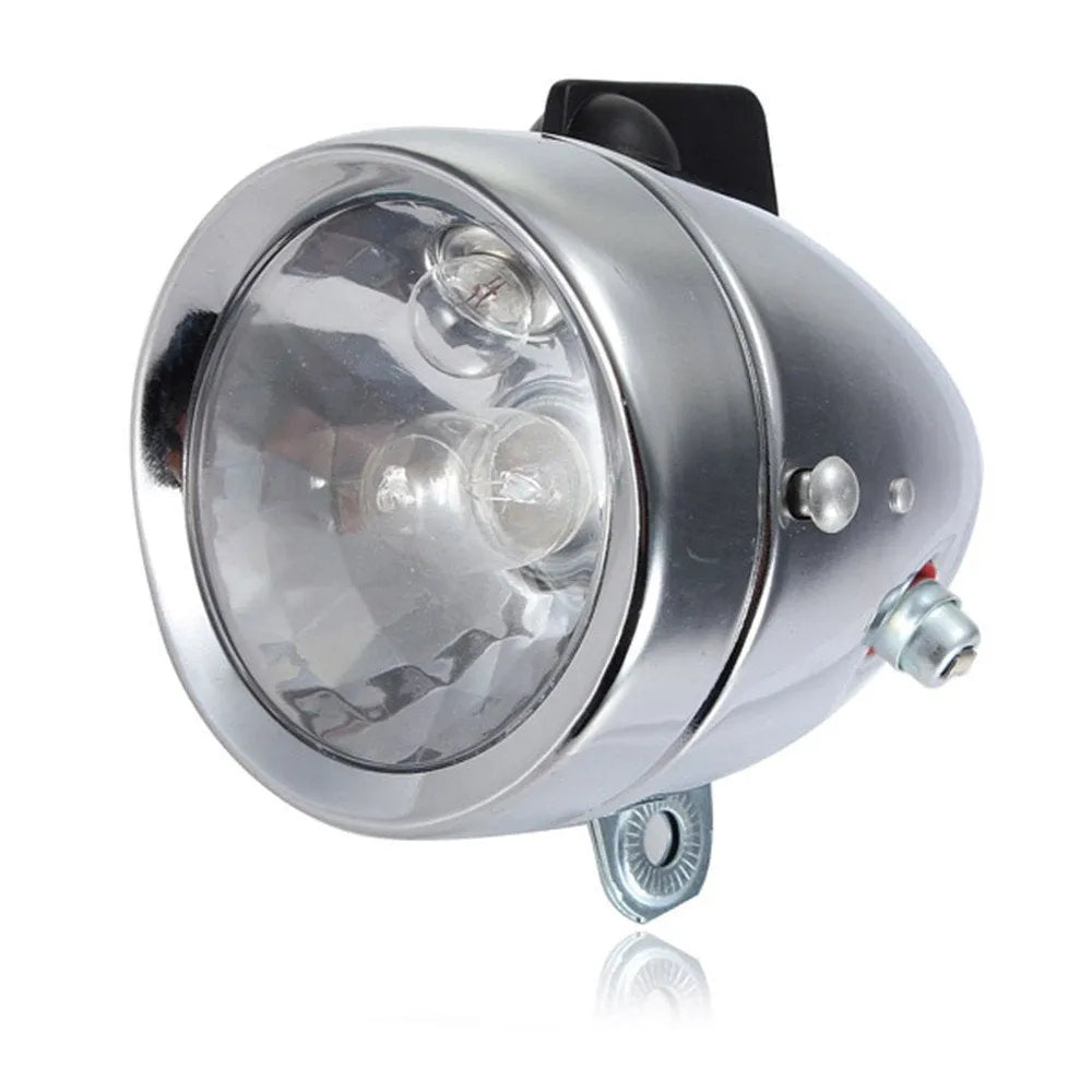 Silver bicycle dynamo generator light set with friction drive mechanism for front and rear lighting