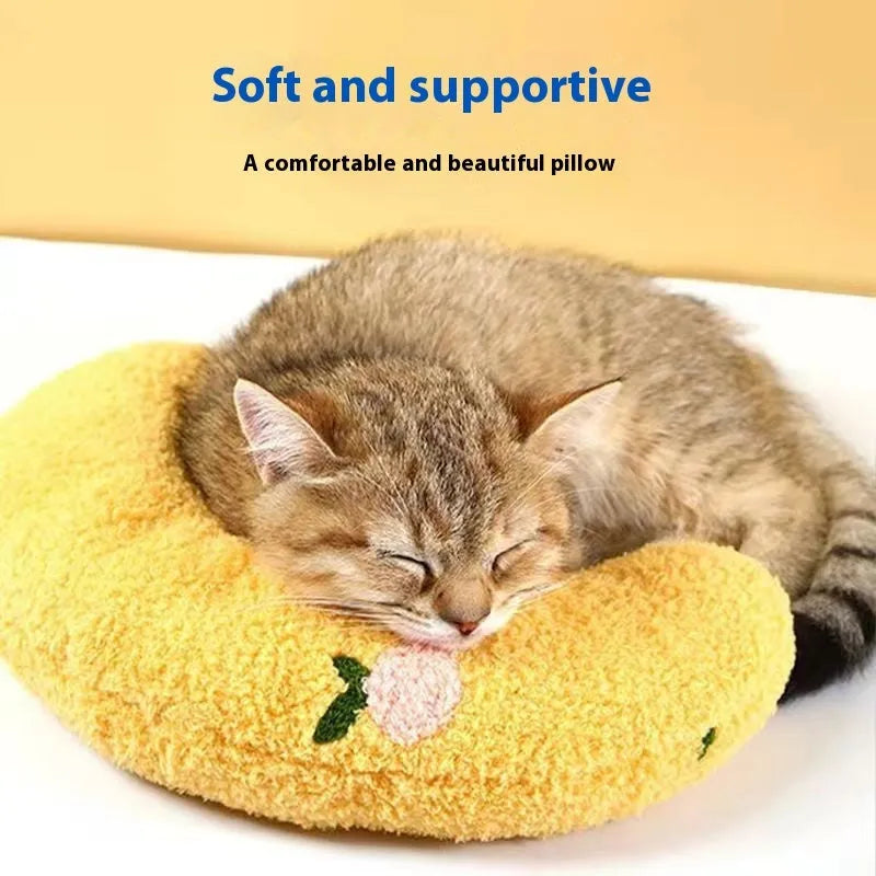 Cat sleeping mat with U-shaped neck protection pillow in blue question mark design