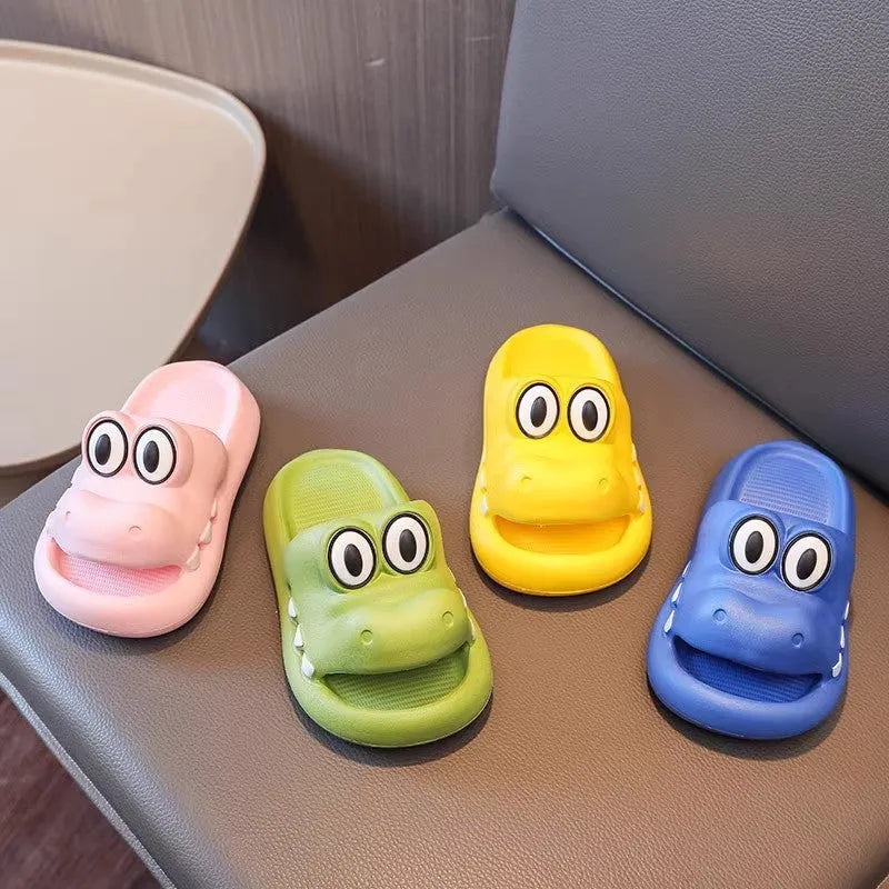 EVA platform parent child sandals with animal patterns in pink, green, yellow, and blue colours