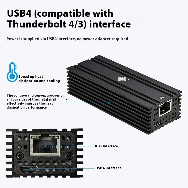 Black USB4 10 Gigabit network adapter with RJ45 port and 20cm cable
