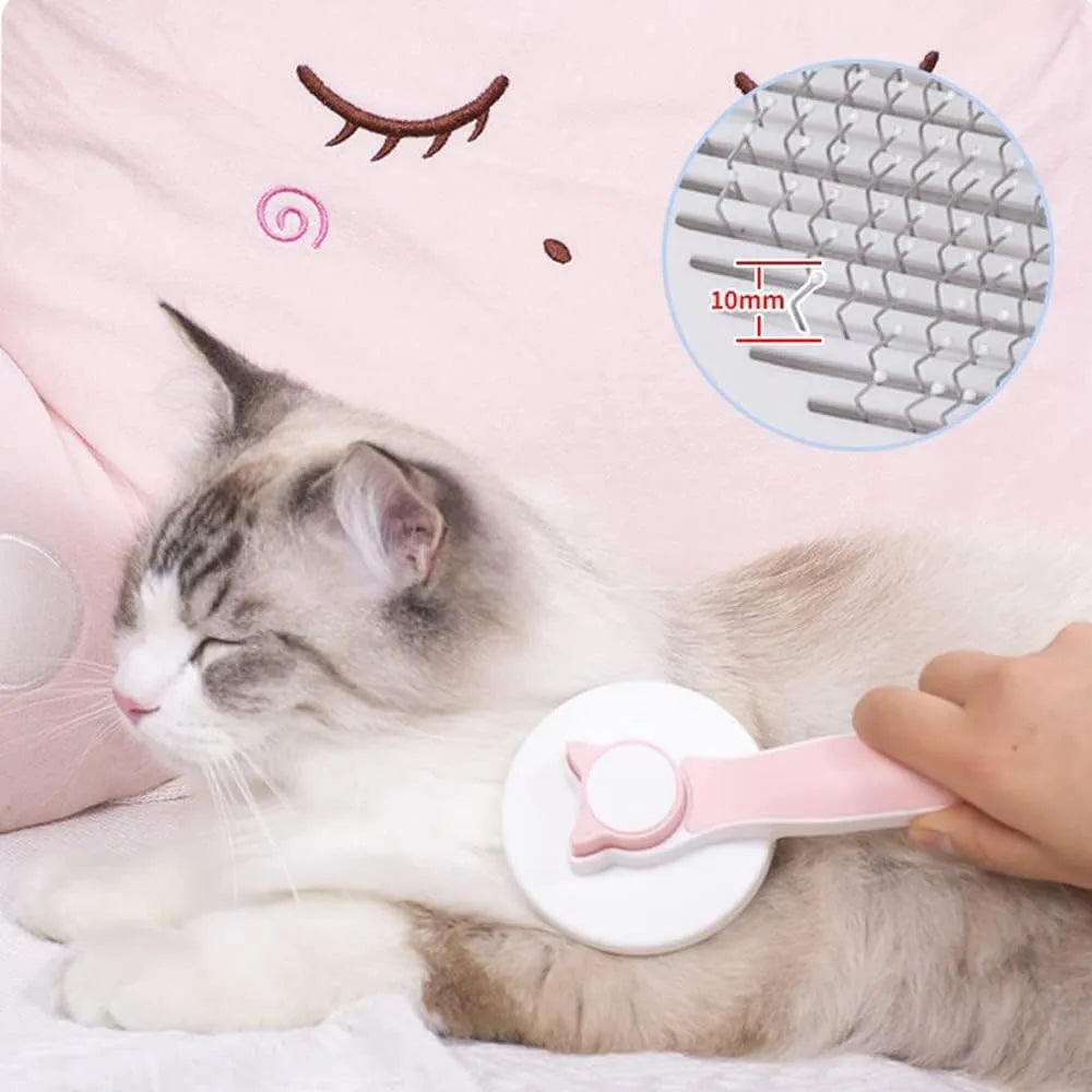 Blue self-cleaning cat brush with rubber handle and metal pins for removing loose pet fur.