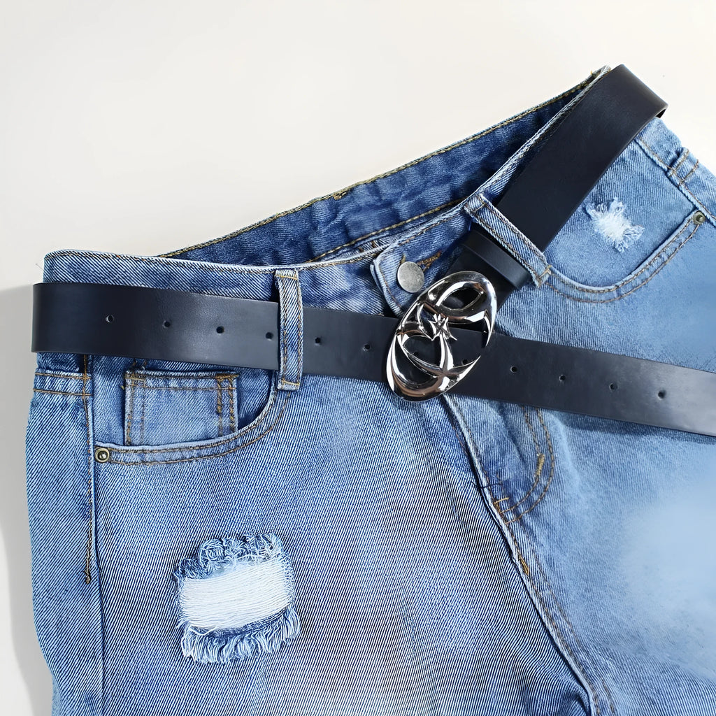 Silver buckle casual PU leather belt with snap button fastening, 105cm long