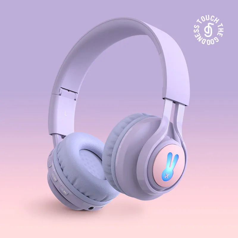 Wireless RGB children's headphones with light-up bunny ears in pink or purple colour