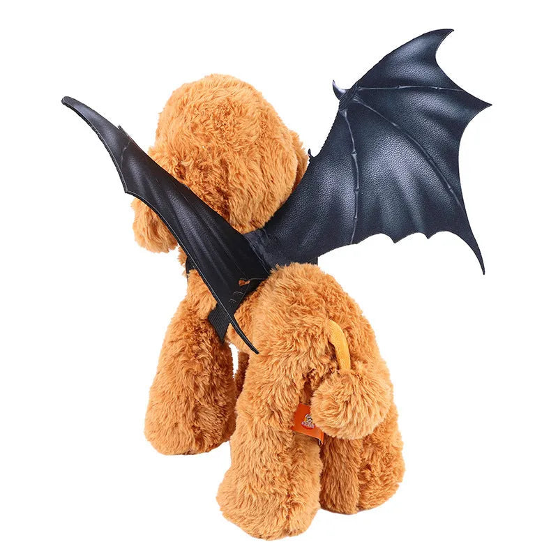 Black cloth bat wing Halloween costume for pets showing three size options for cats and dogs