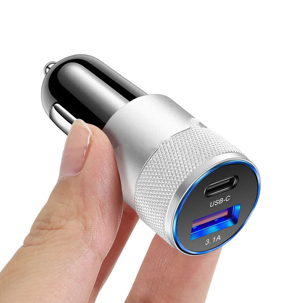 Aluminium alloy mobile phone car charger in black or black silver finish showing 2.5cm x 6cm dimensions
