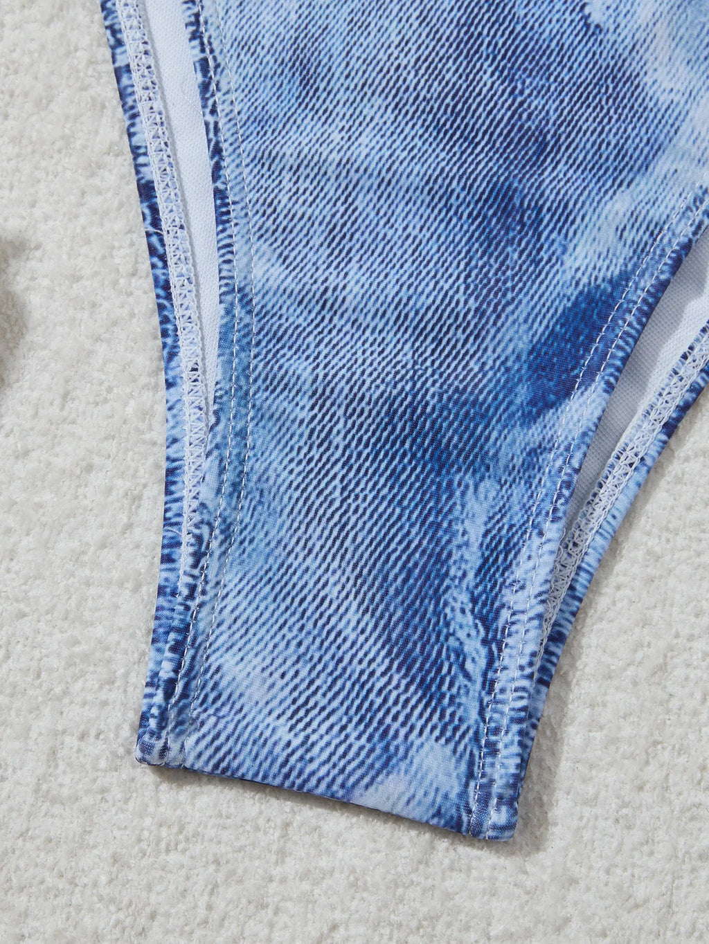Denim blue women's bikini set with printed straps and triangle top design