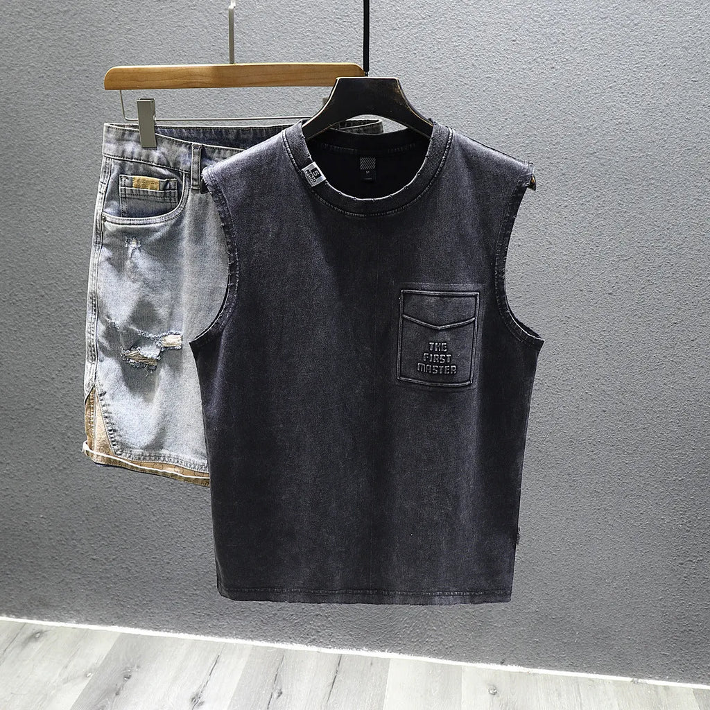 Men's black cotton sleeveless t-shirt with loose fit and straight hem design