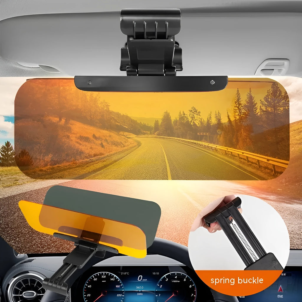 Telescopic anti-glare car sun visor with acrylic lens shown mounted in a vehicle.