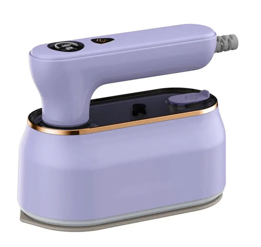 Portable foldable steam iron in light purple colour with ceramic base plate and international voltage compatibility