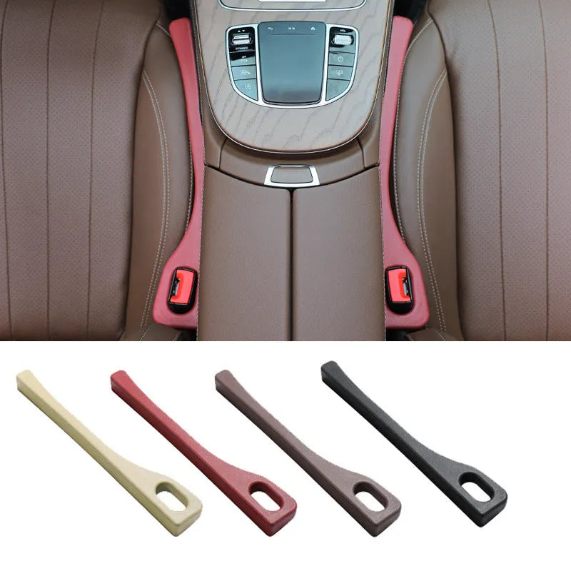 Flexible polyurethane car seat gap filler strips in black, brown, red, and beige colours with installation rod.