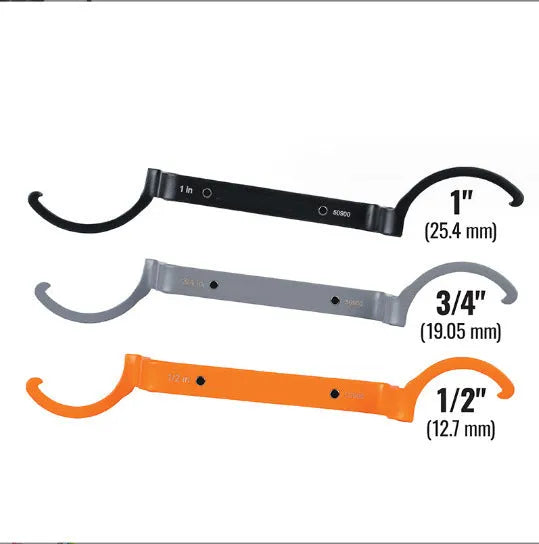 Orange, grey, and black magnetic suction wrench set with catheter lock, shown with size comparison.