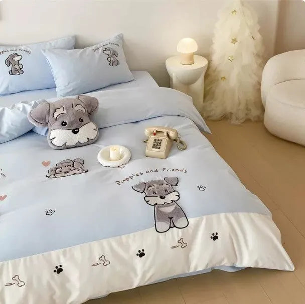 Cartoon Schnauzer embroidered cotton bedding set showing quilt cover, sheet and pillowcases