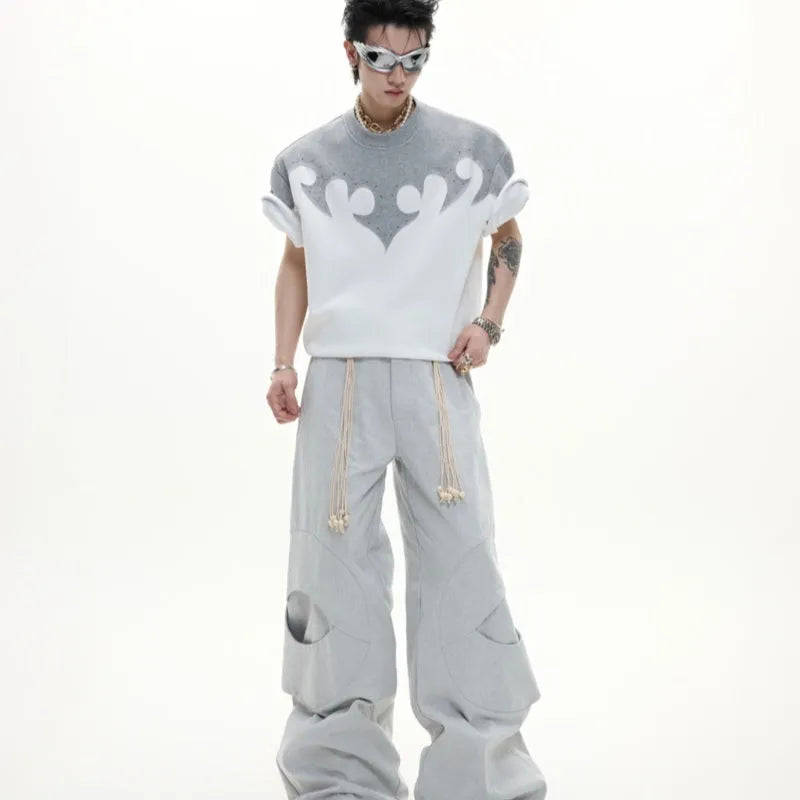 Men's cotton shirt with burnt flower stitching pattern and rhinestone accents on short sleeves
