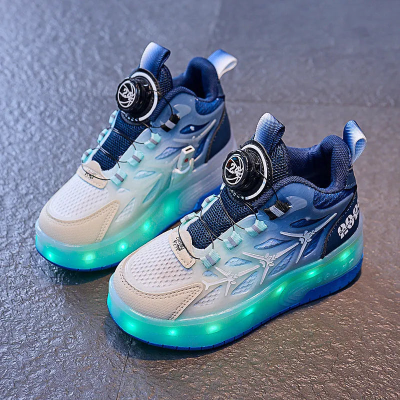 Children's flash knob roller skating shoes with rotate button closure in blue colour