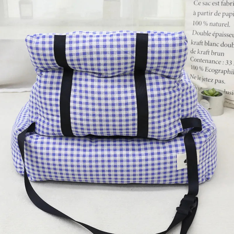 Blue plaid cloth car-mounted dog travel carrier with removable cover