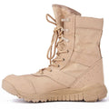Yulong tactical desert combat boots in black and sand colour on a white background.
