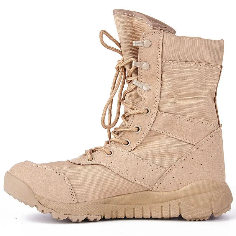 Yulong tactical desert combat boots in black and sand colour on a white background.