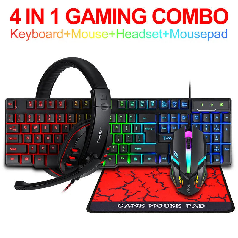 Thunder Wolf gaming keyboard and mouse set with RGB lighting, headset, and large mouse pad