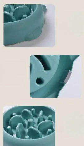 Green bone-ridge slow feeder bowl for dogs and cats on a floor.