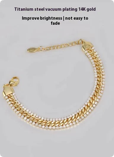 Gold tennis bracelet for men and women made of titanium steel with gemstone inlay on a wrist