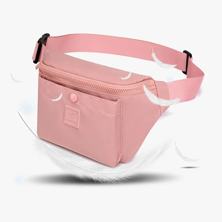 Large capacity crossbody nylon fanny pack for women in eight colours with zipper closure and internal pockets for running and travel