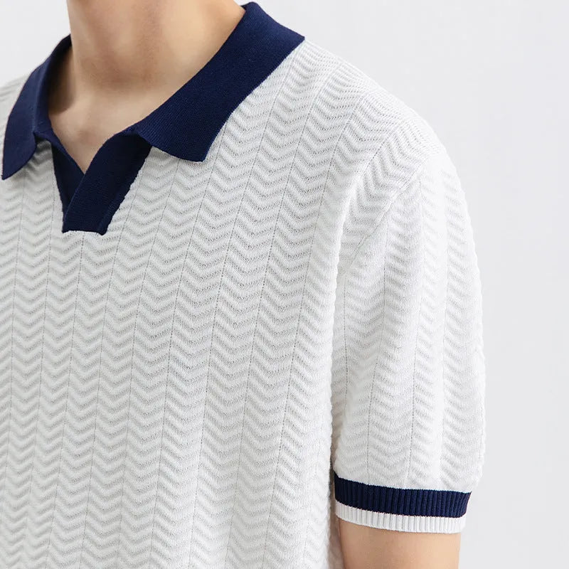 Men's ice silk polo shirt short sleeve regular fit striped pattern in dark green